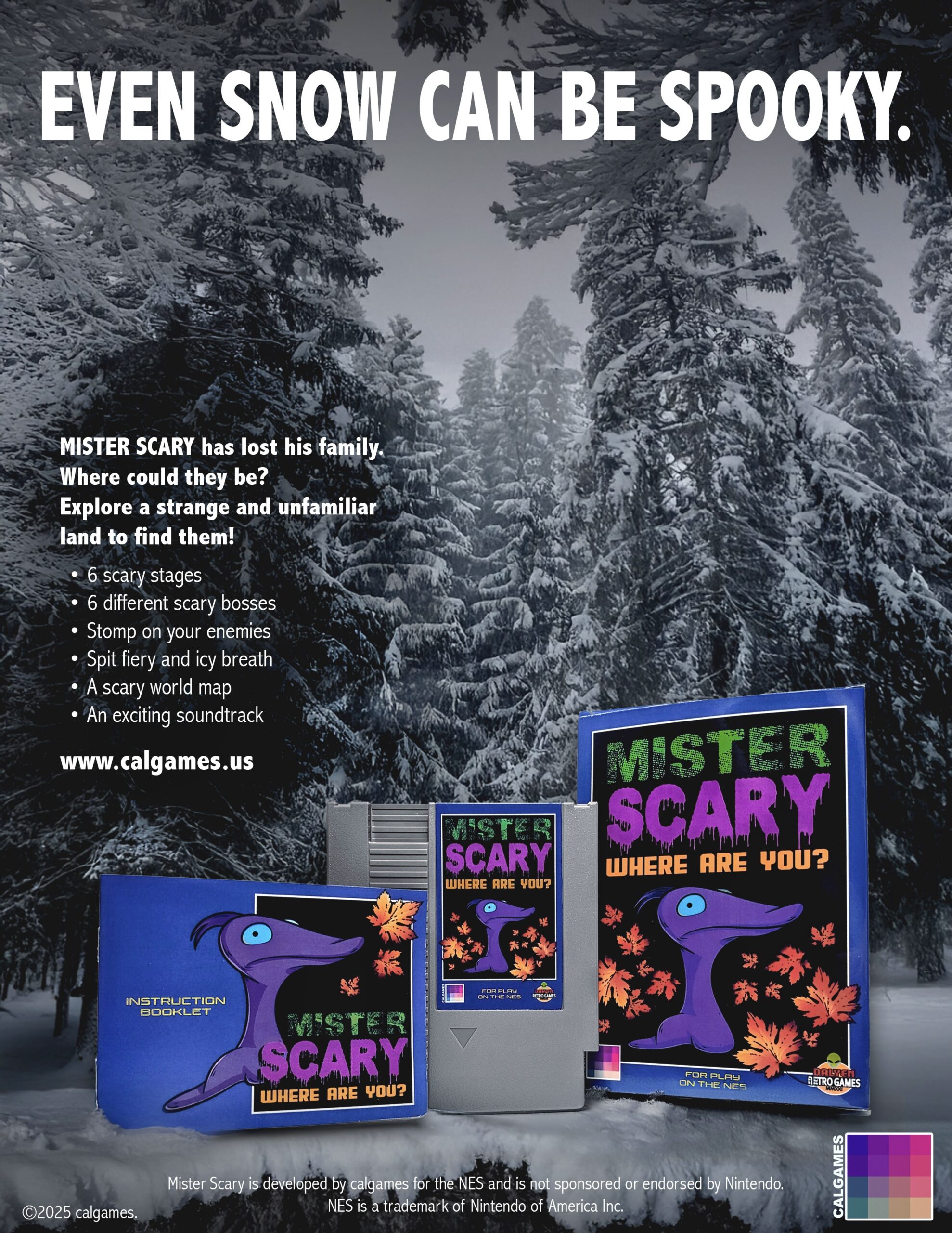 Mister Scary 2025 NES Ad Snow Holiday calgames