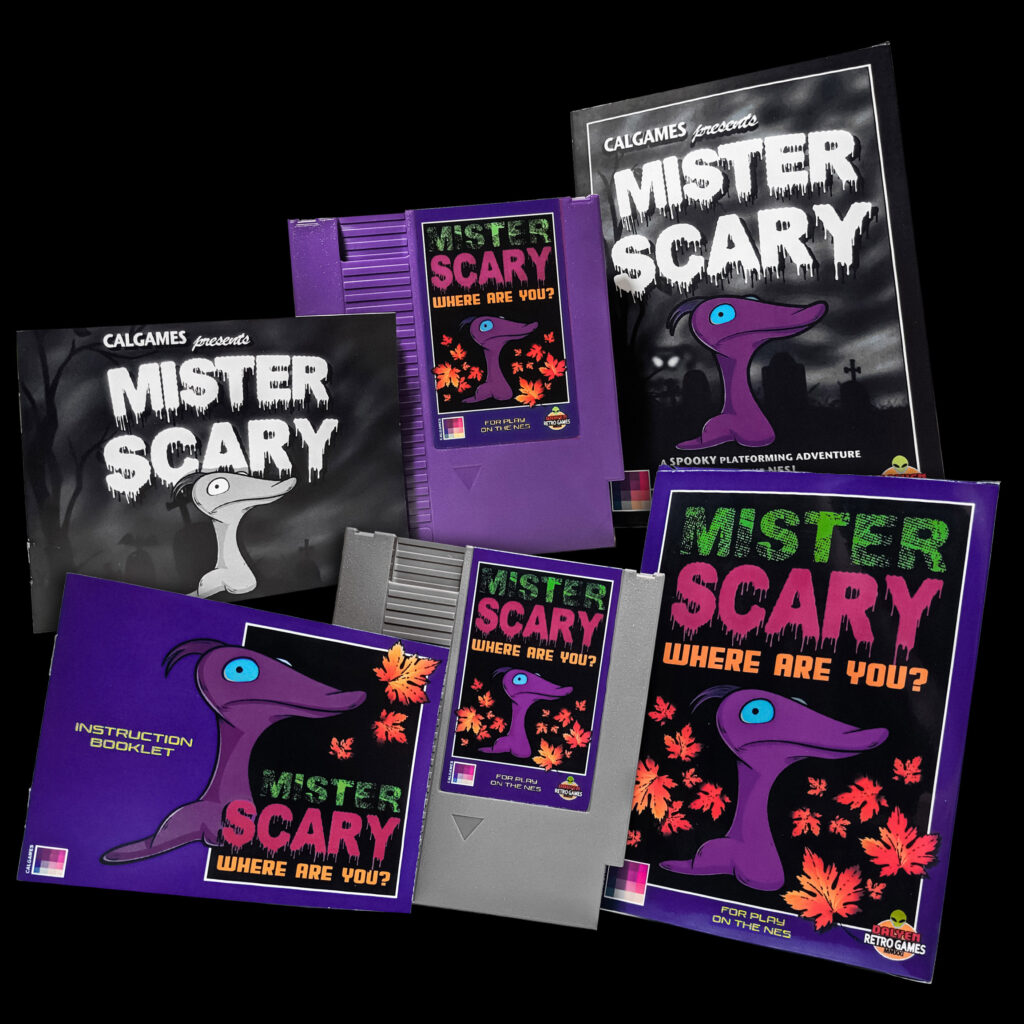Mister Scary Physical Ad-SQ adjB Mister Scary for the NES. Physical CIB. Developed by calgames, published by Dalyen Retro Games. 2025.
