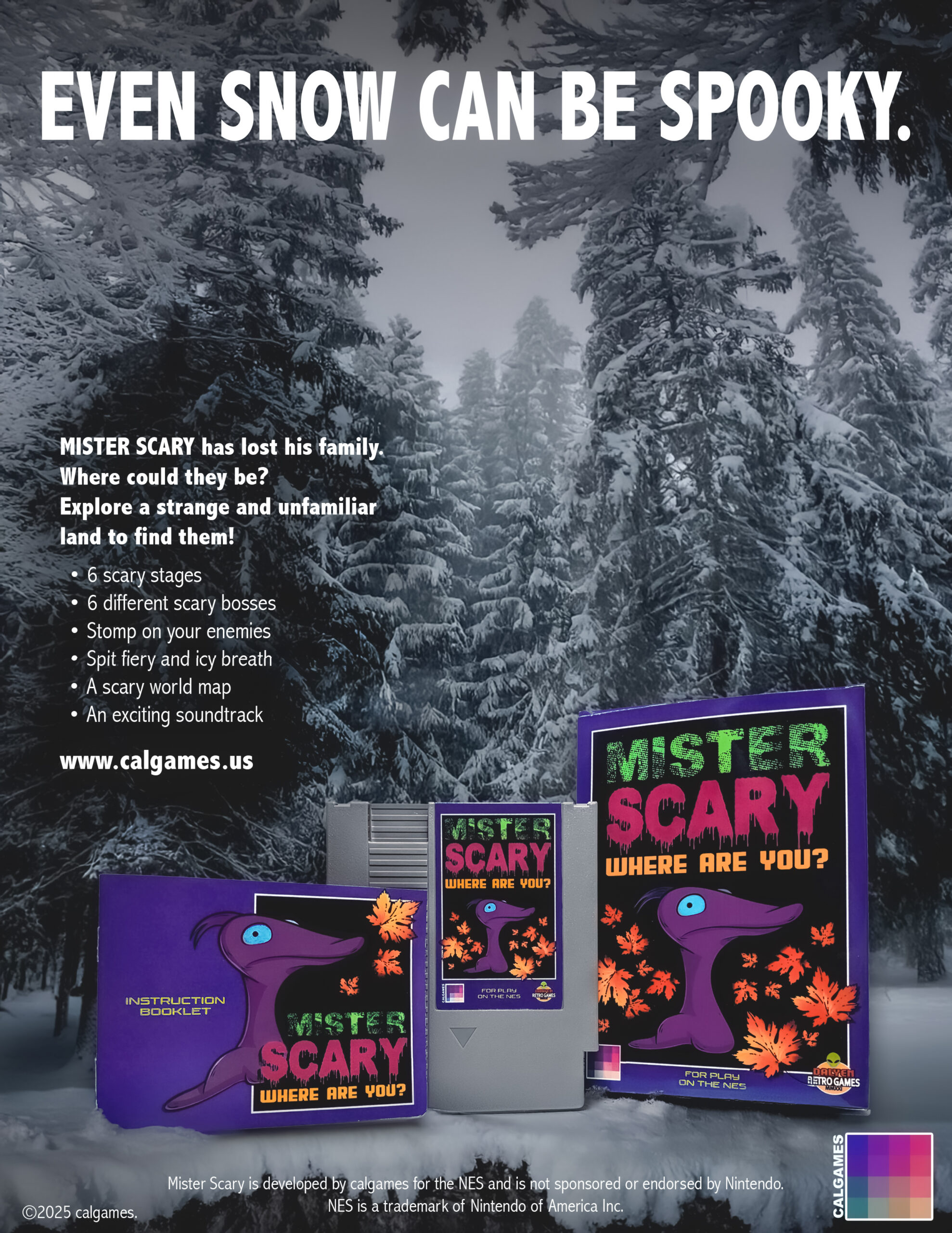 Mister Scary 2025 NES Ad Snow Holiday calgames